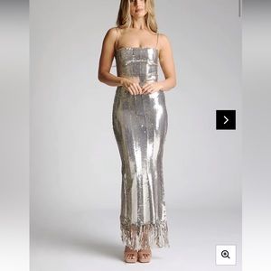 Silver Sequin Fringe Maxi Dress with Spaghetti Straps